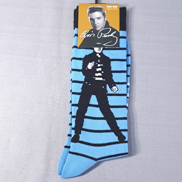 Crazy Socks One Pair One Size Elvis Presley U.S 7-12 Blue Black Striped Graphic - Picture 1 of 4
